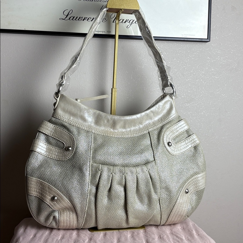 Hype Metallic Silver & Cream Leather Shoulder Handbag | Woven Texture | Hobo NWT